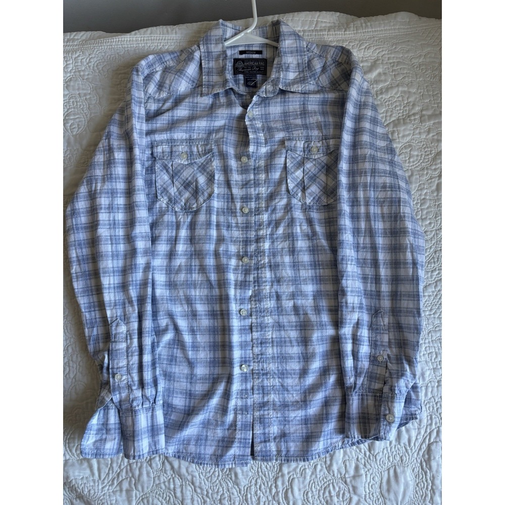 American Rag Cie Mens Medium Long Sleeve Plaid Blue Button Up Shirt 100% Cotton